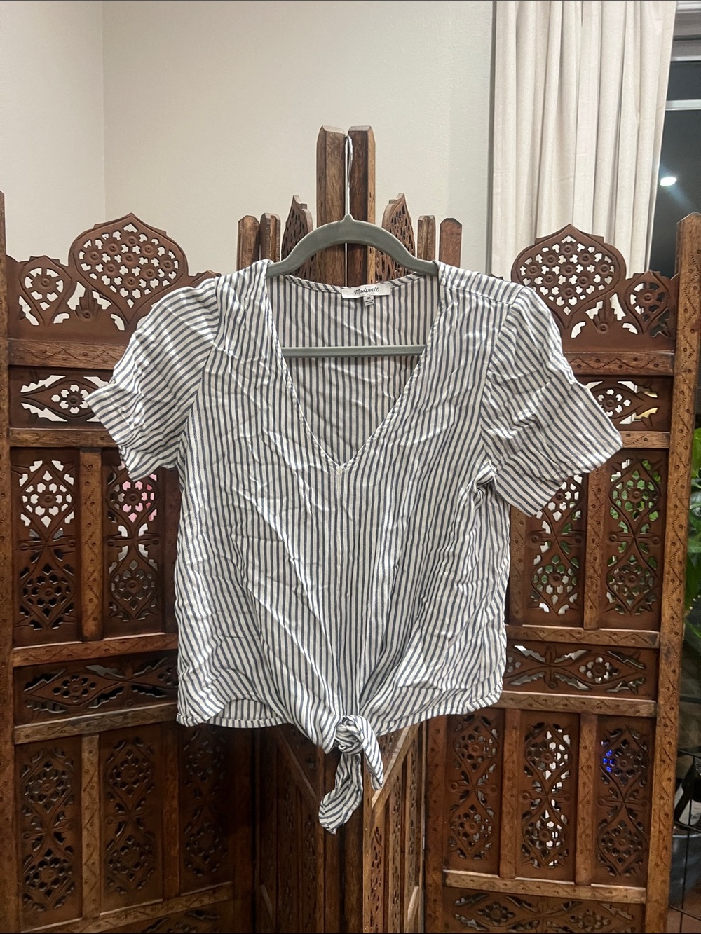 Madewell Blue & White Striped V-Neck Tie-Front Blouse